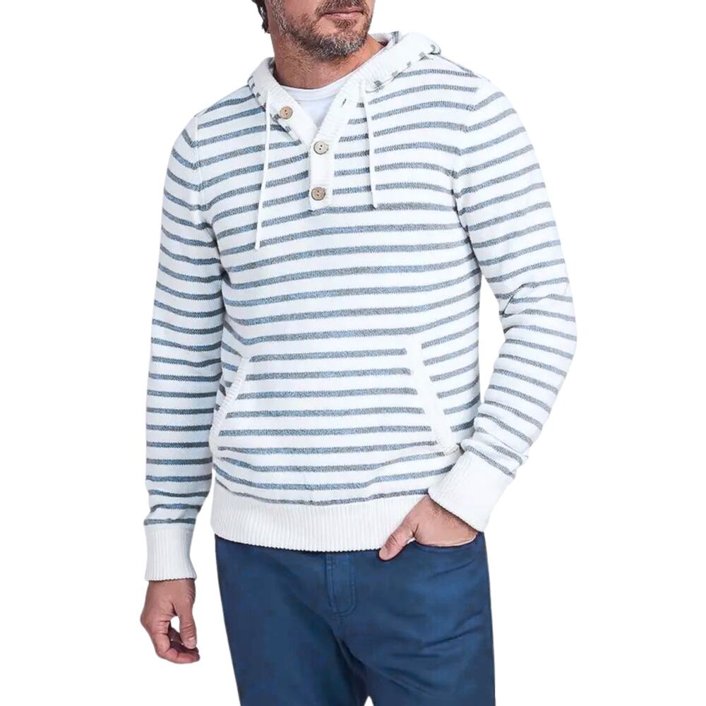 Faherty Cove Stripe Surf Hoodie Button Henley Ivory Chambray Blue S Coastal